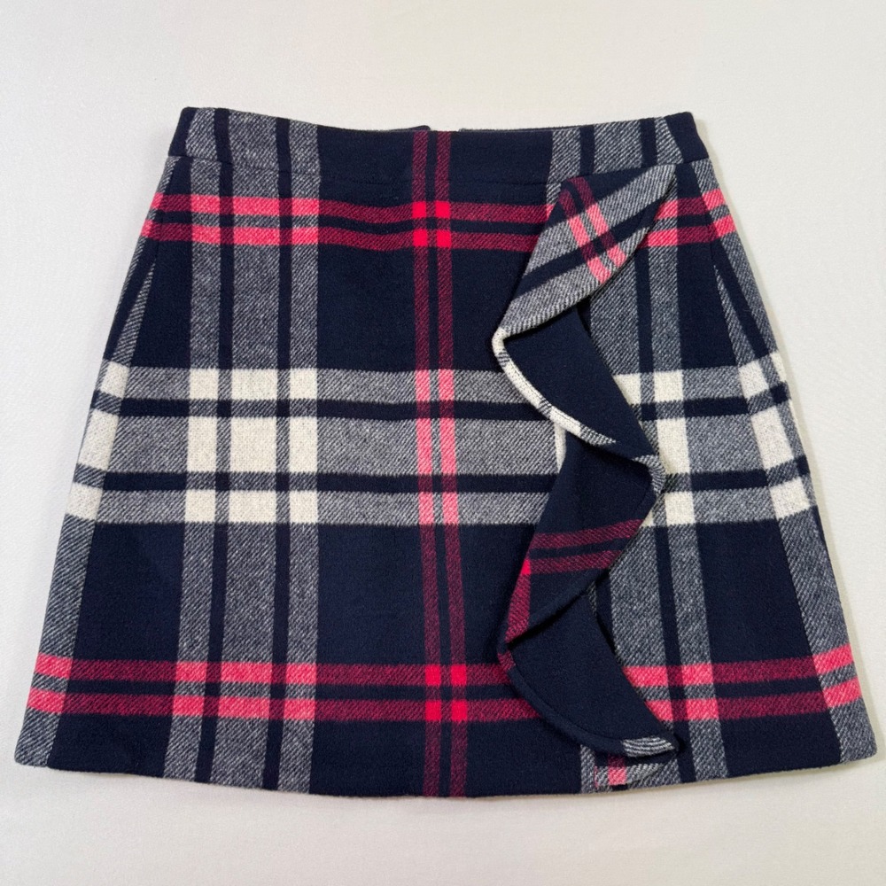 J.Crew Double-Serge Wool Ruffle Mini Skirt Womens 0 Navy Blue Plaid Fully Lined